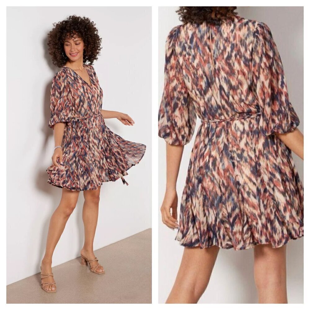 NWT Evereve Hayes Puff Sleeve Mini Dress V-Neck Ikat Print Rust Brown Women's S